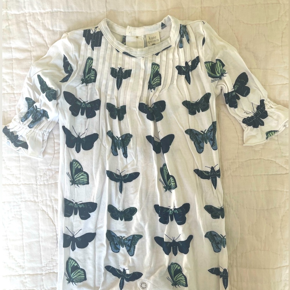 Kate Quinn Blue Moths ruffle cuffs sleeper or romper
